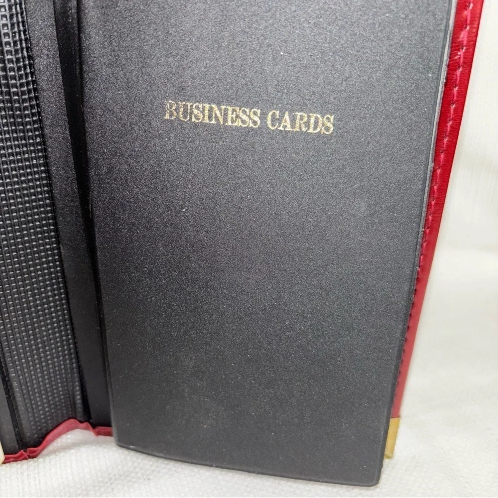 Vintage Trifold Cranberry Leather Address Card Slot Note Binder Gold Accents